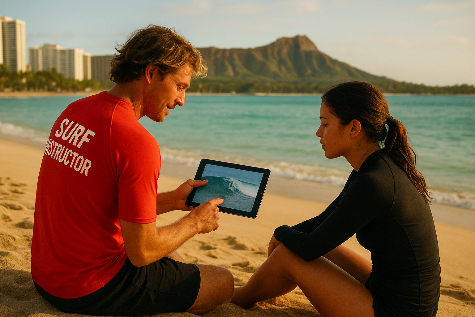 Instructor and student reviewing surf lessons with video analysis Waikiki footage on the beach