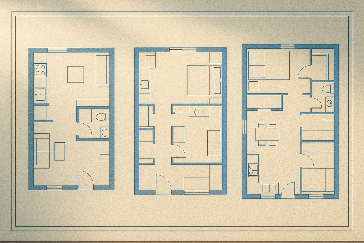 ADU custom floor plan sizes 500 to 1200 sqft compared side by side in blueprint form