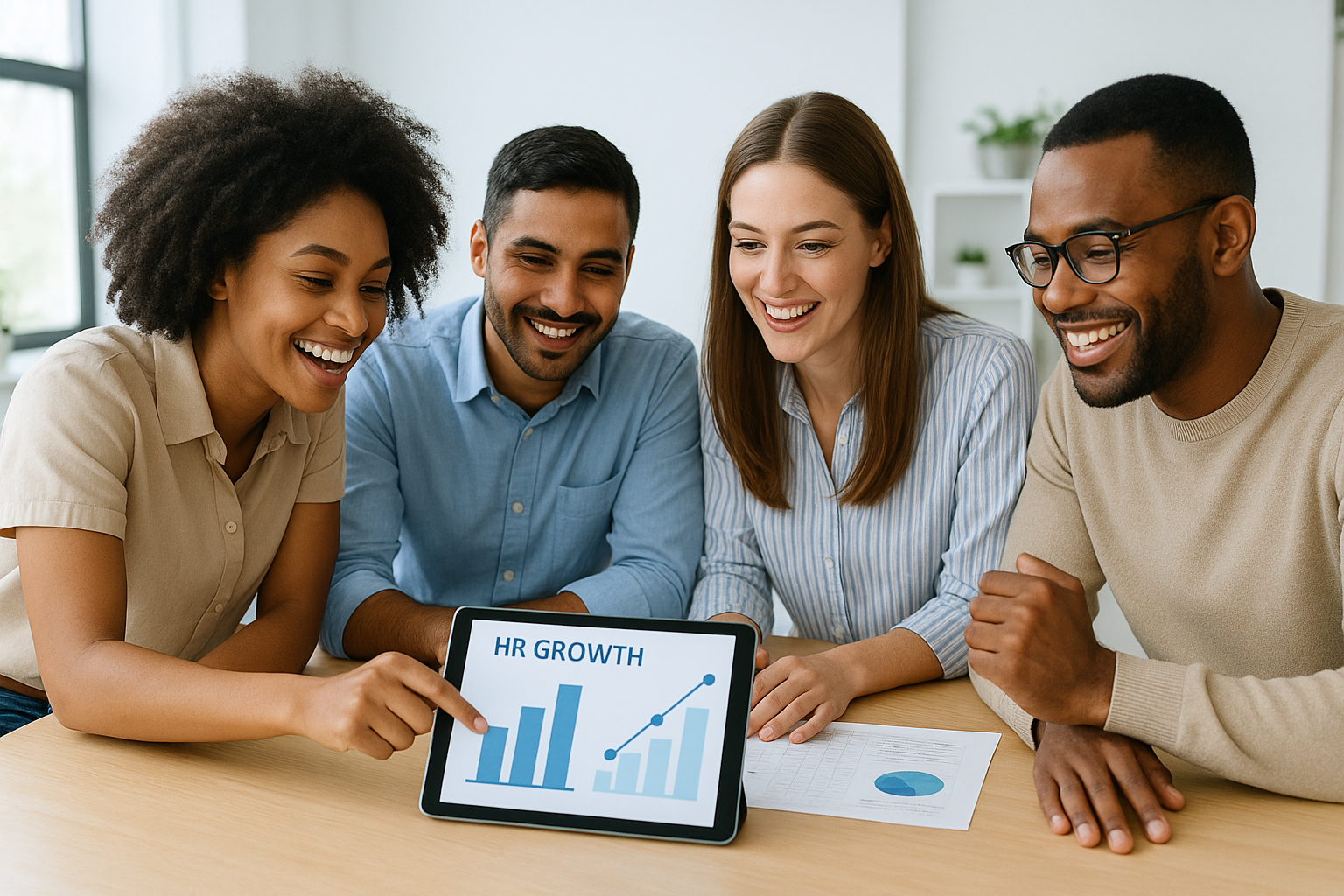 Small business team collaborating with an HR consulting partner on workforce growth plans