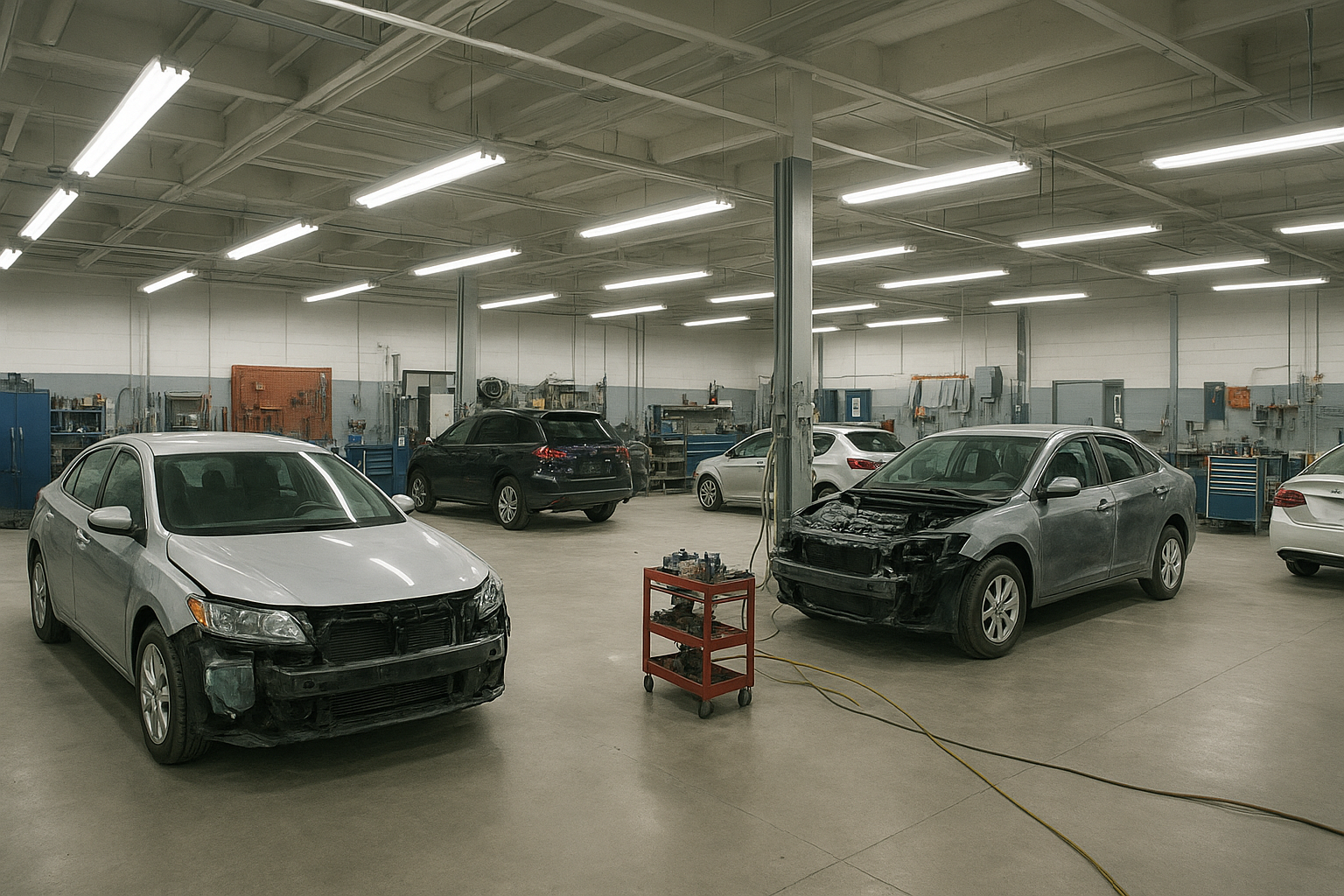 Interior of a professional Orange County auto body repair shop with vehicles undergoing collision restoration