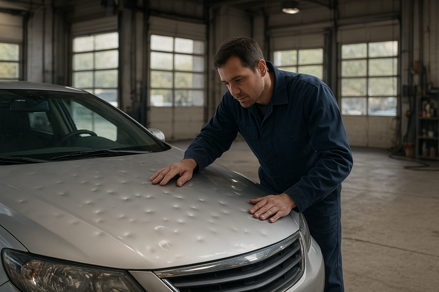 Technician examining hail dents during weather damage auto body repair Brea inspection