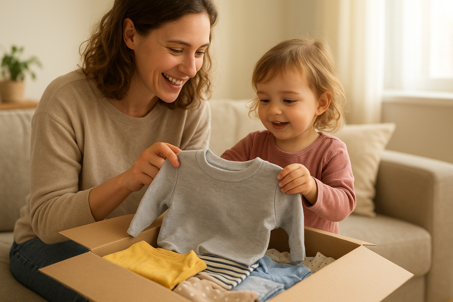 Parent and child unpacking a delivery box from a swappable kids wardrobe subscription