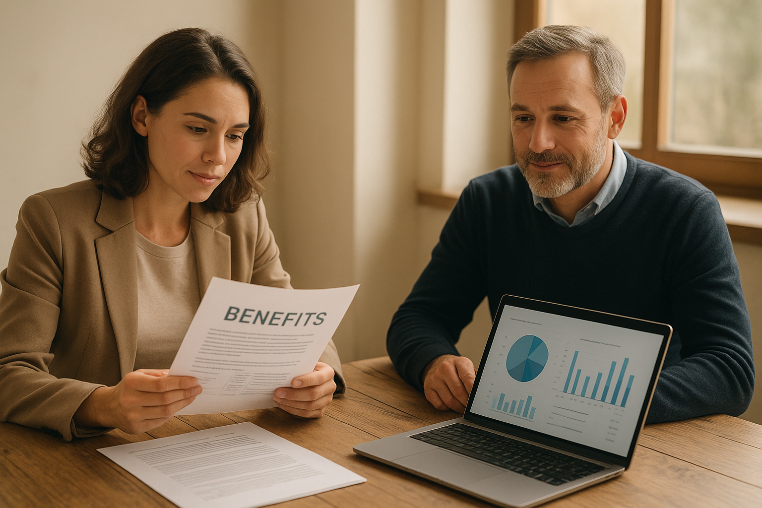 HR manager and founder reviewing employee benefit design documents at a table