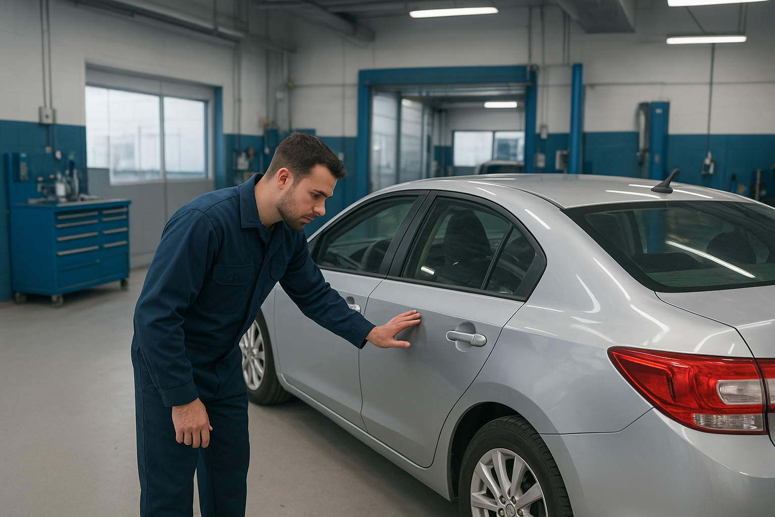 Certified technician inspecting a vehicle during Brea auto repair at a professional collision center