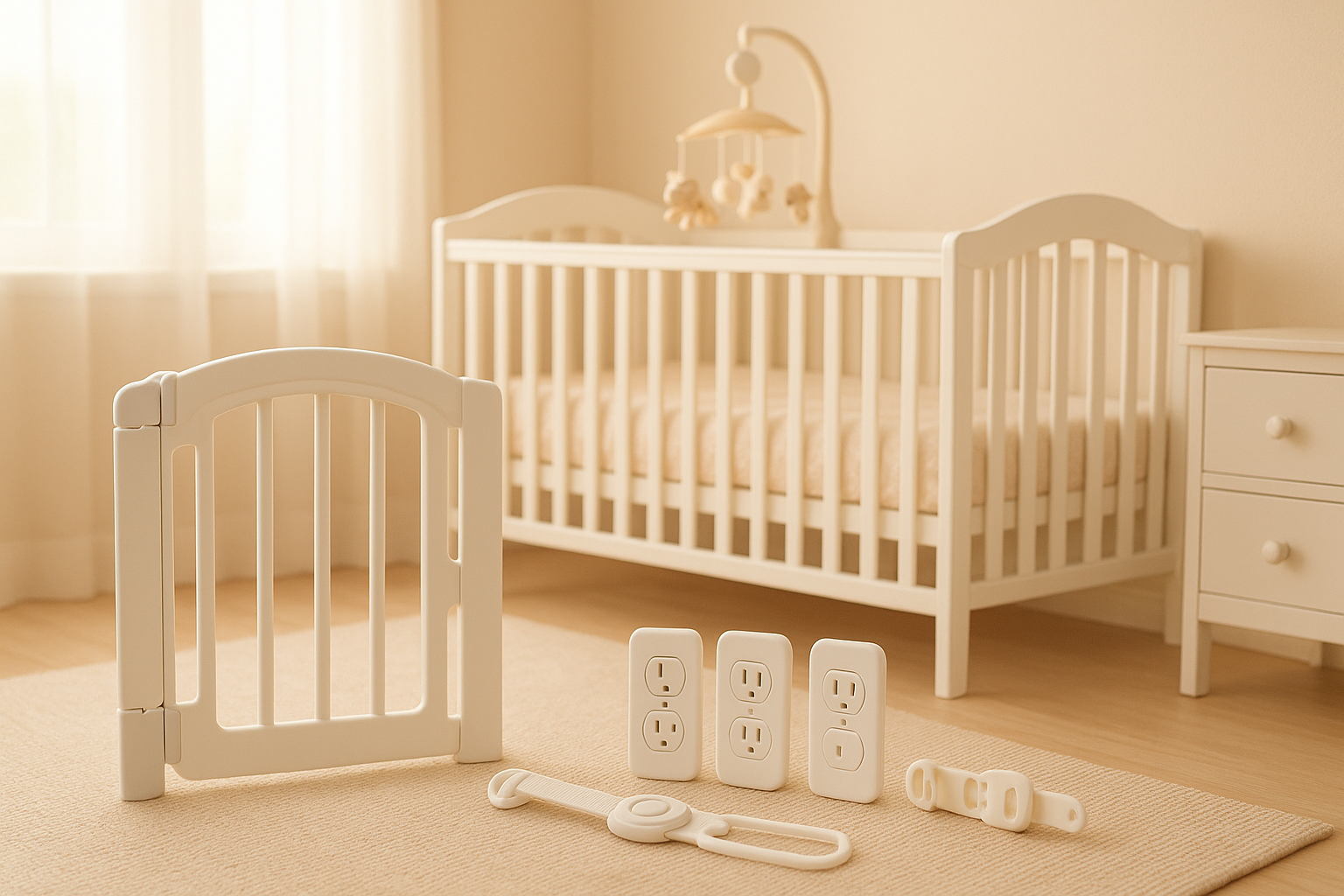 Assortment of child safety products including a baby gate and outlet covers in a nursery