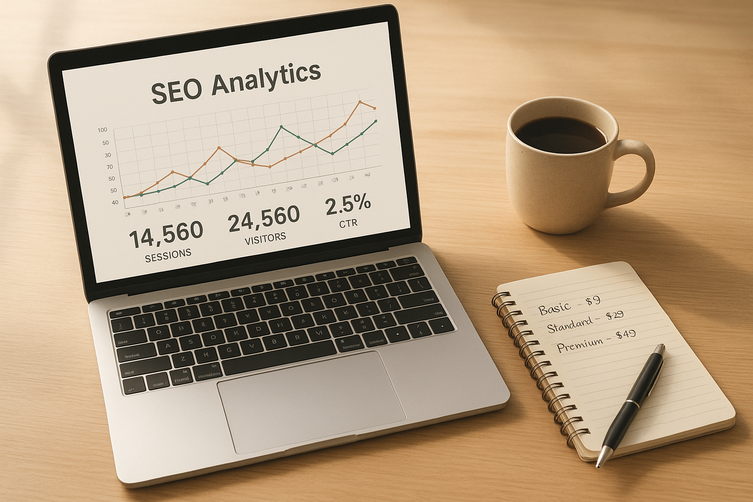 SEO professional reviewing Alli AI pricing options and analytics reports at a desk