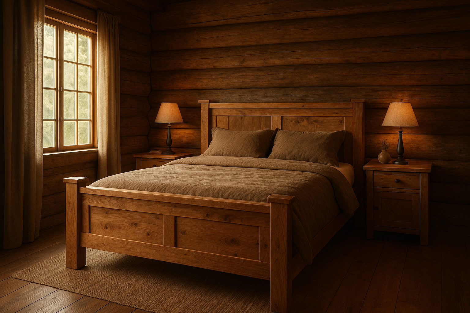 Rustic bedroom sets featuring a solid wood bed and matching nightstands in a cozy cabin-style room