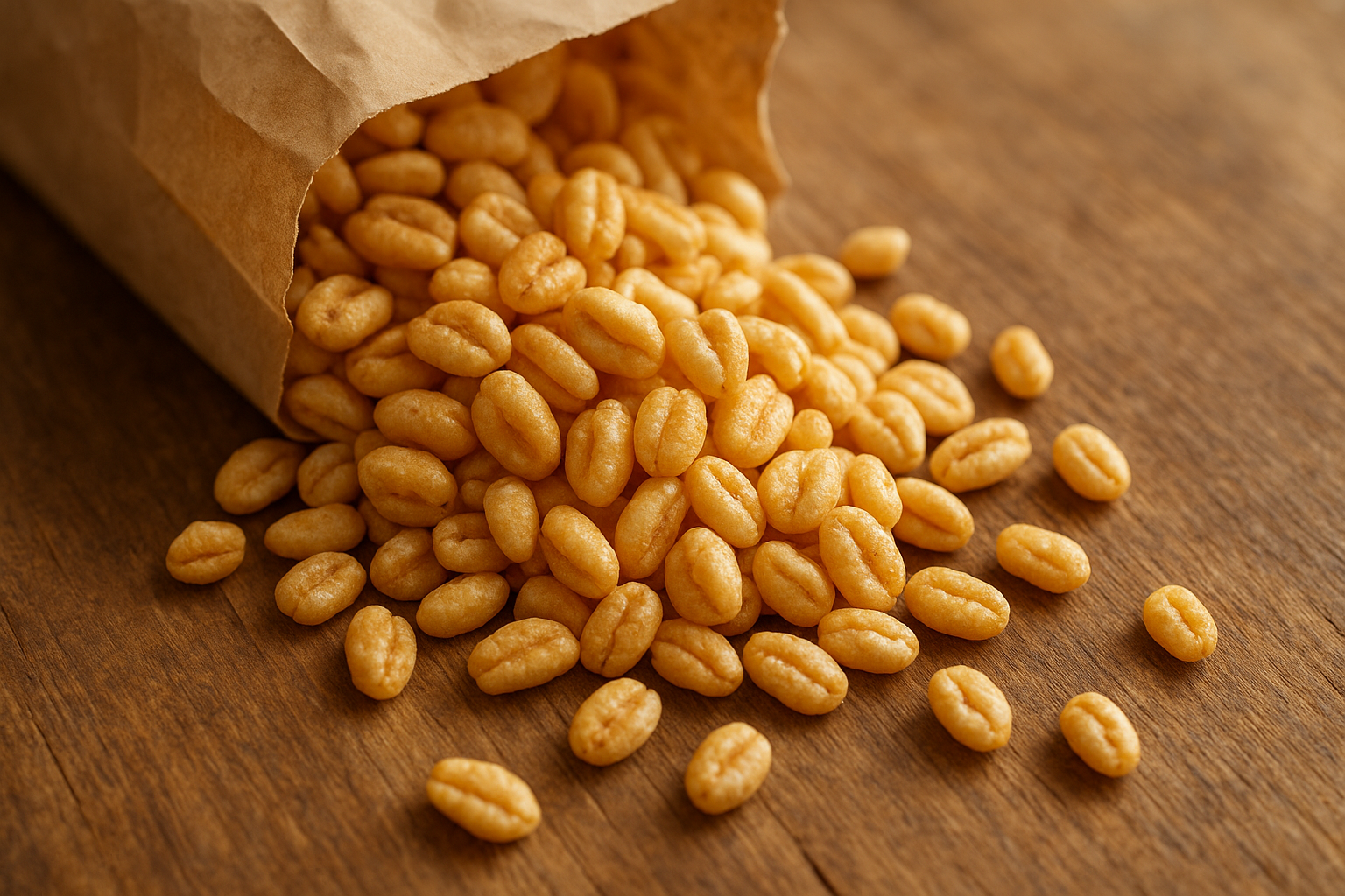 Golden puffed grains used to make minimally processed cereal spilling onto a wooden table