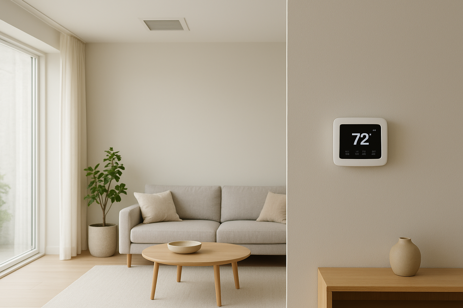 Digital wall thermostat and ceiling air vent in a modern living room