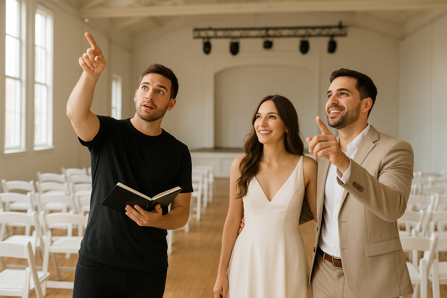 Wedding DJ conducting venue walkthrough with engaged couple in Bloomington