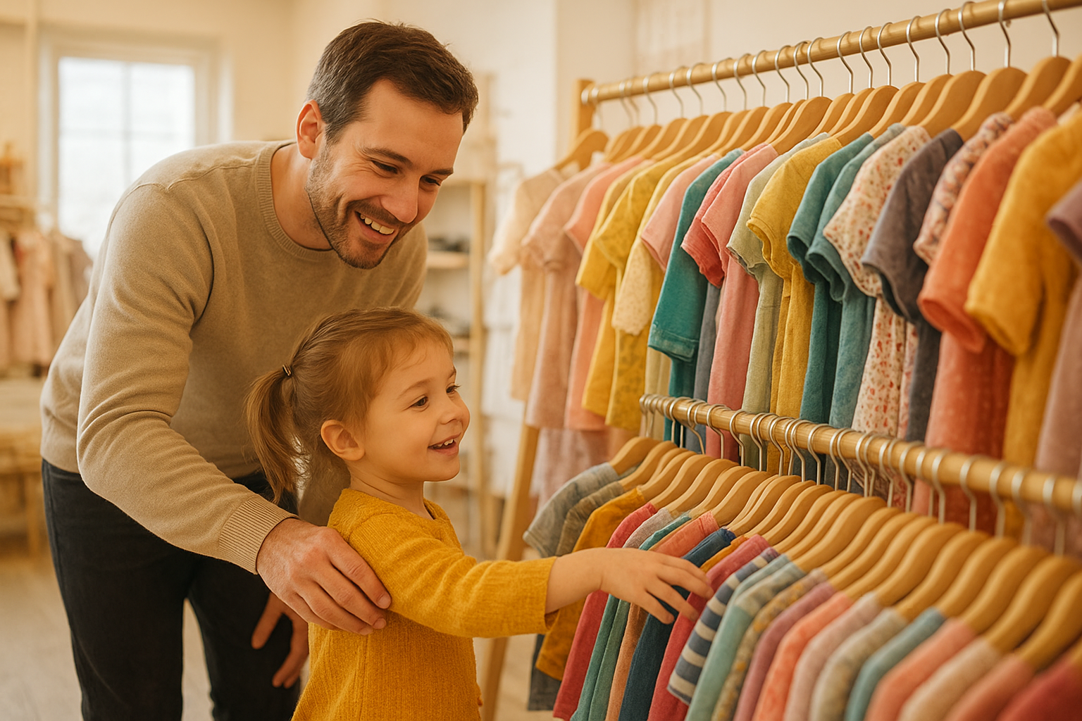 Parent and child browsing affordable brand name kids clothing at a resale shop