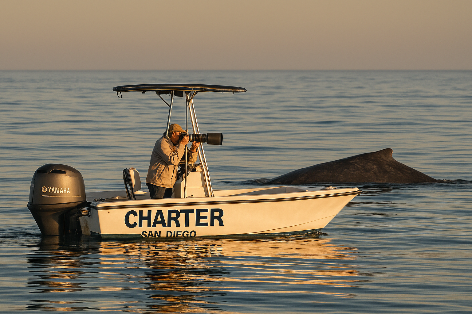Filmmaker support whale watching tours San Diego photographer filming a whale from a stable boat deck