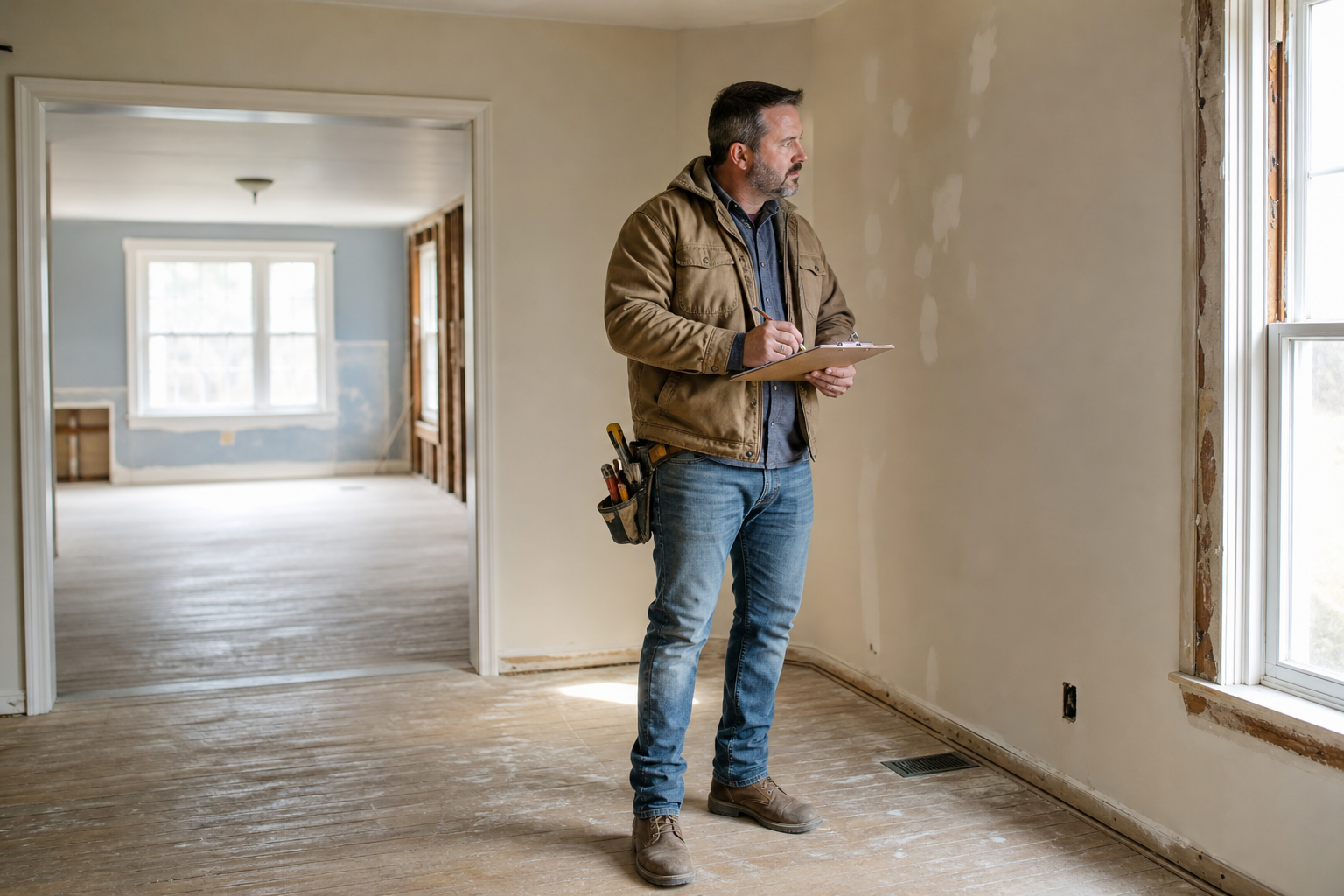 Contractor inspecting a fixer-upper property to estimate renovation costs