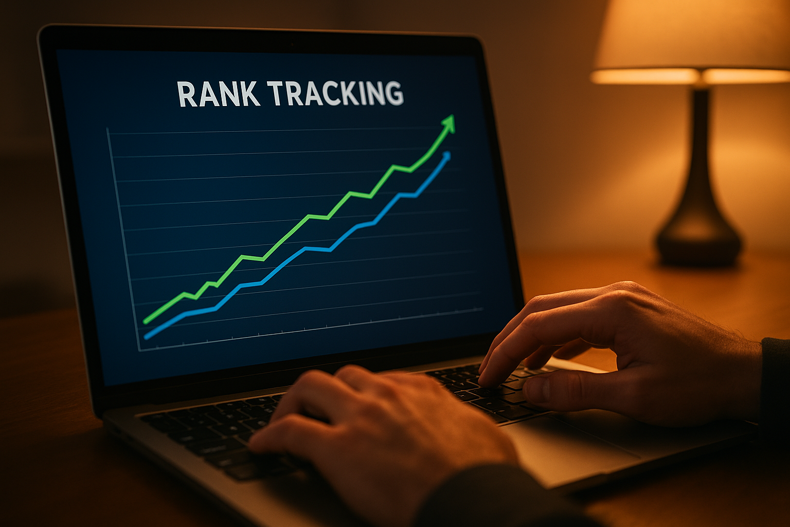 Marketer using an SEO tool to monitor keyword rank tracking trends on a laptop