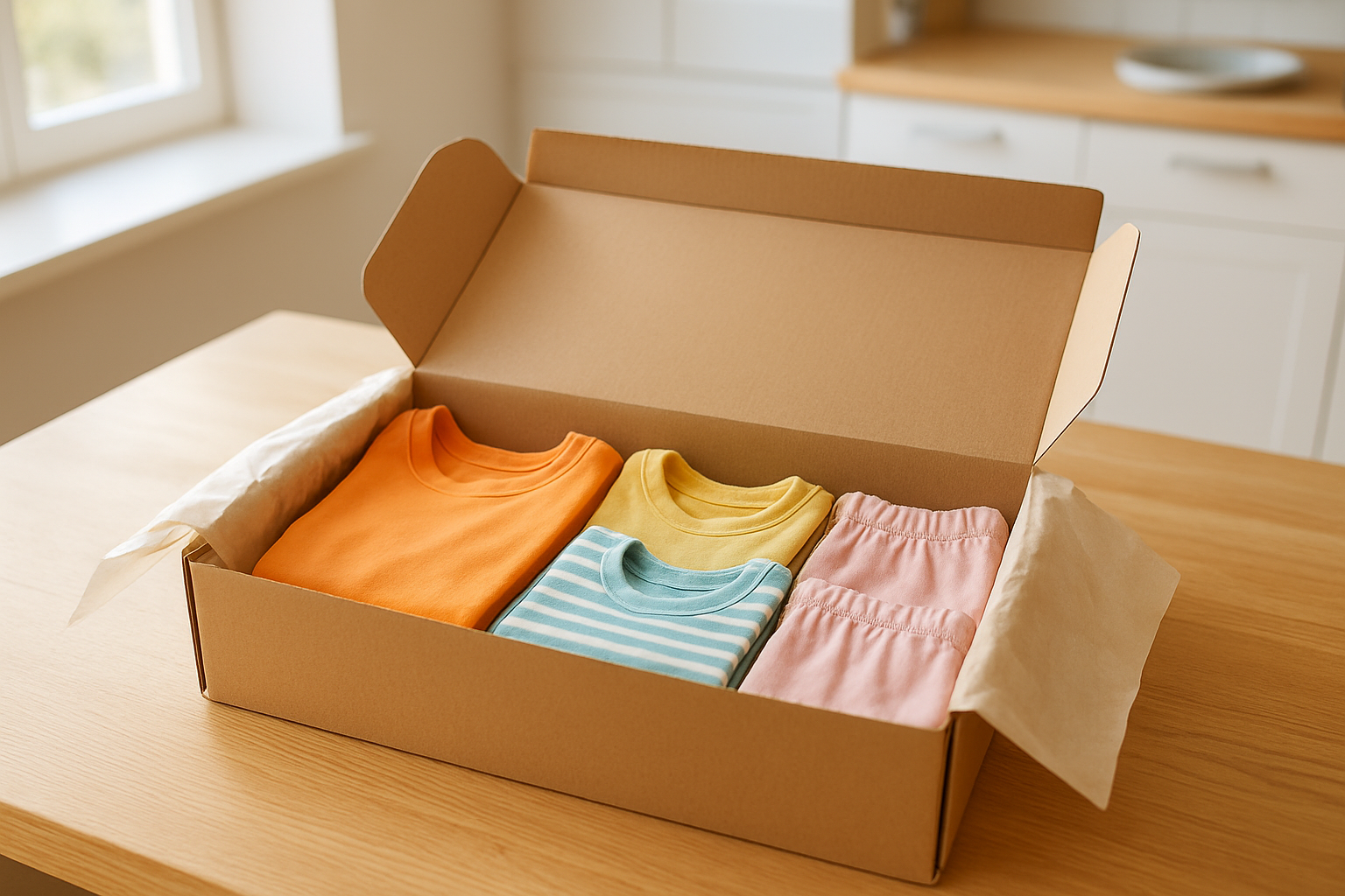 Open delivery box containing a curated kids clothing subscription bundle with folded children's apparel