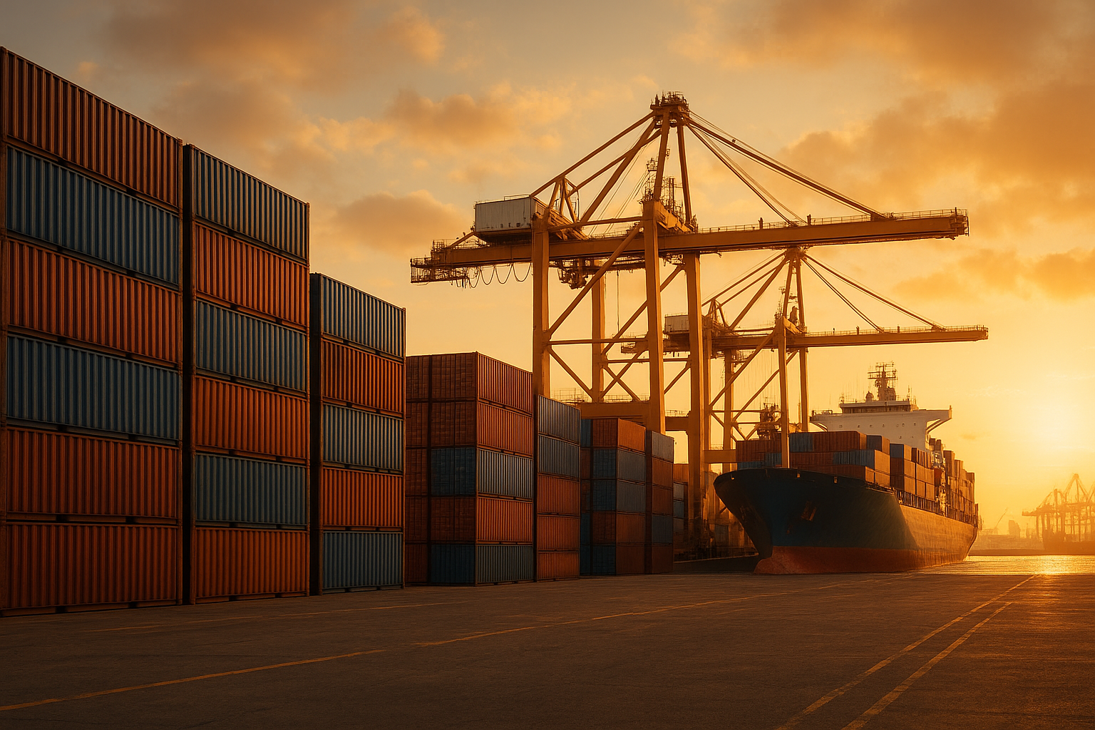International shipping containers being loaded onto a cargo ship at a busy port
