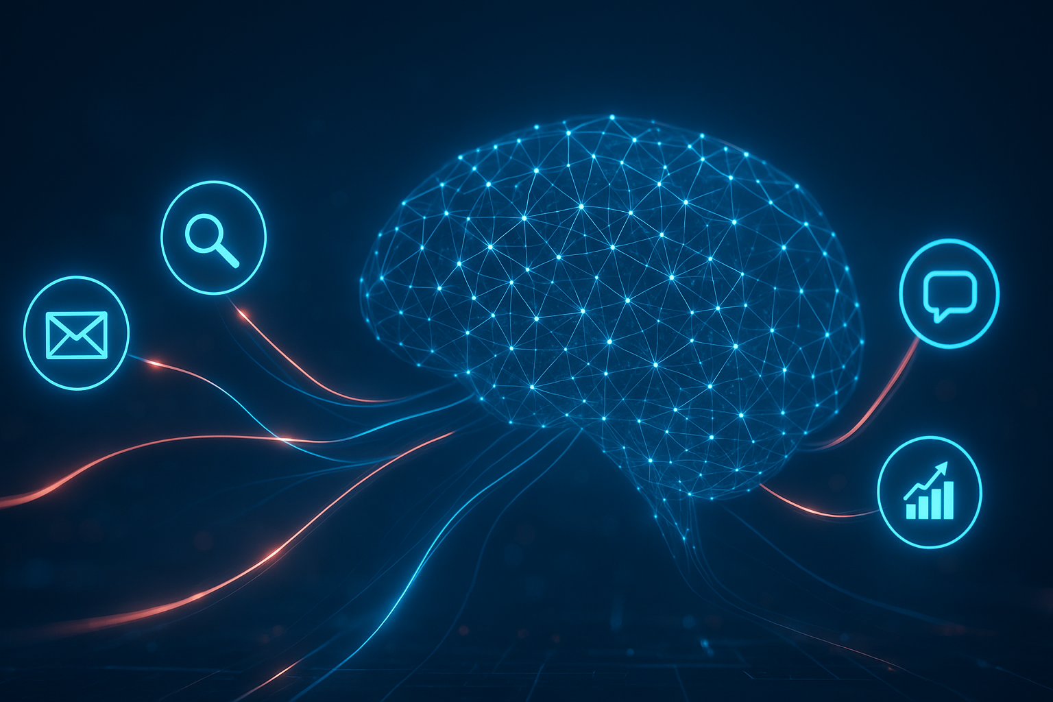 AI-based digital marketing solutions visualized as a glowing neural network connecting multiple marketing channels