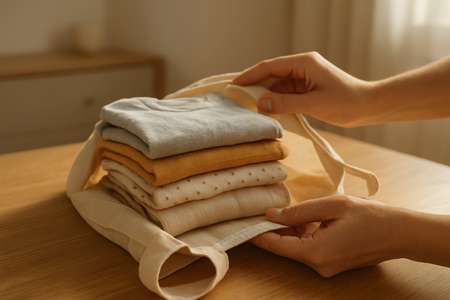 Parent packing outgrown kids clothes into a prepaid rental return bag