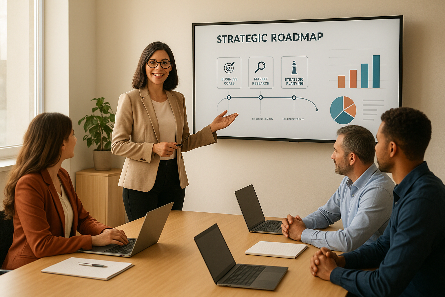 HR consultant presenting an organizational development strategy roadmap to a small business leadership team