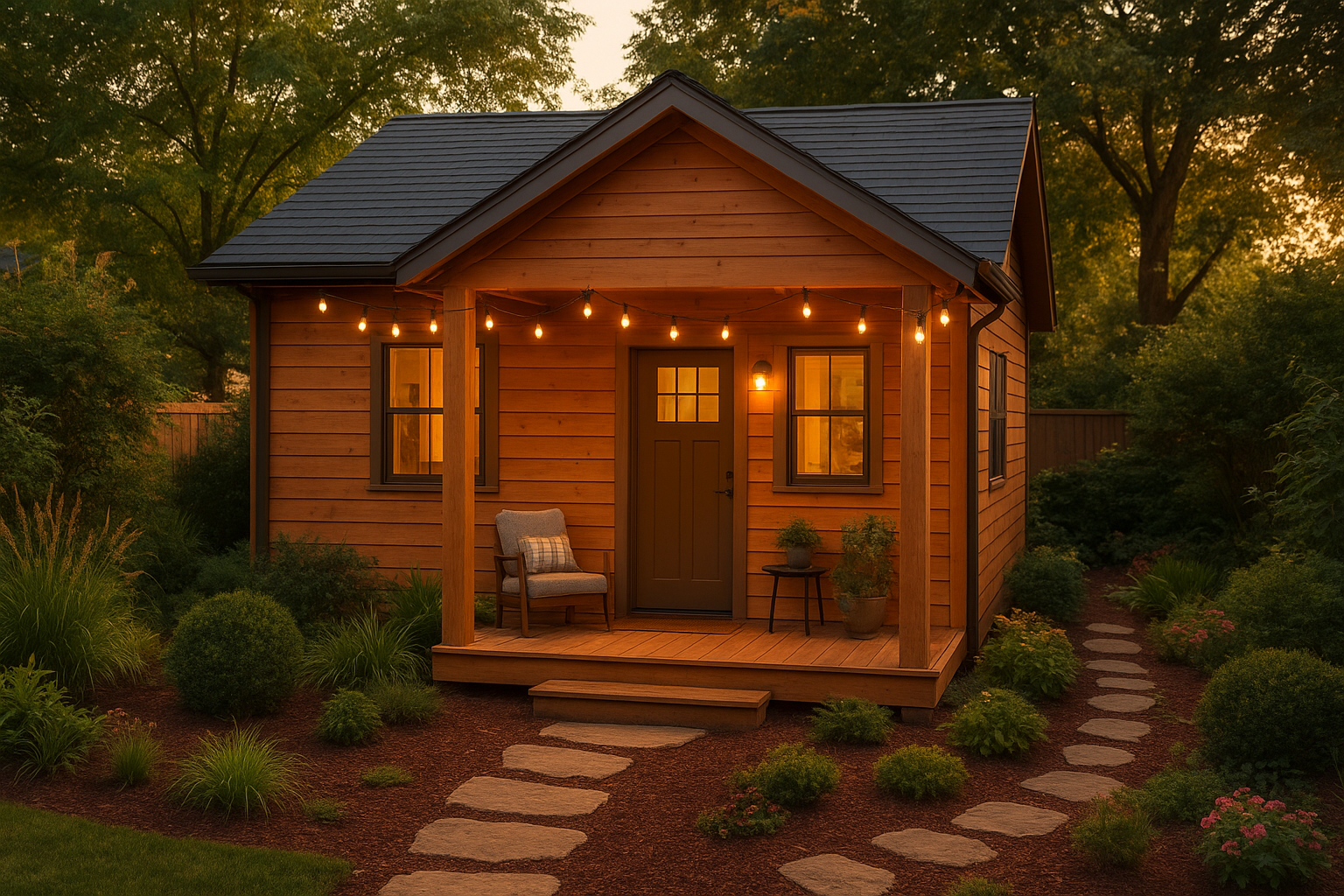 Detached mother-in-law suite cottage with covered porch in a Southern California backyard