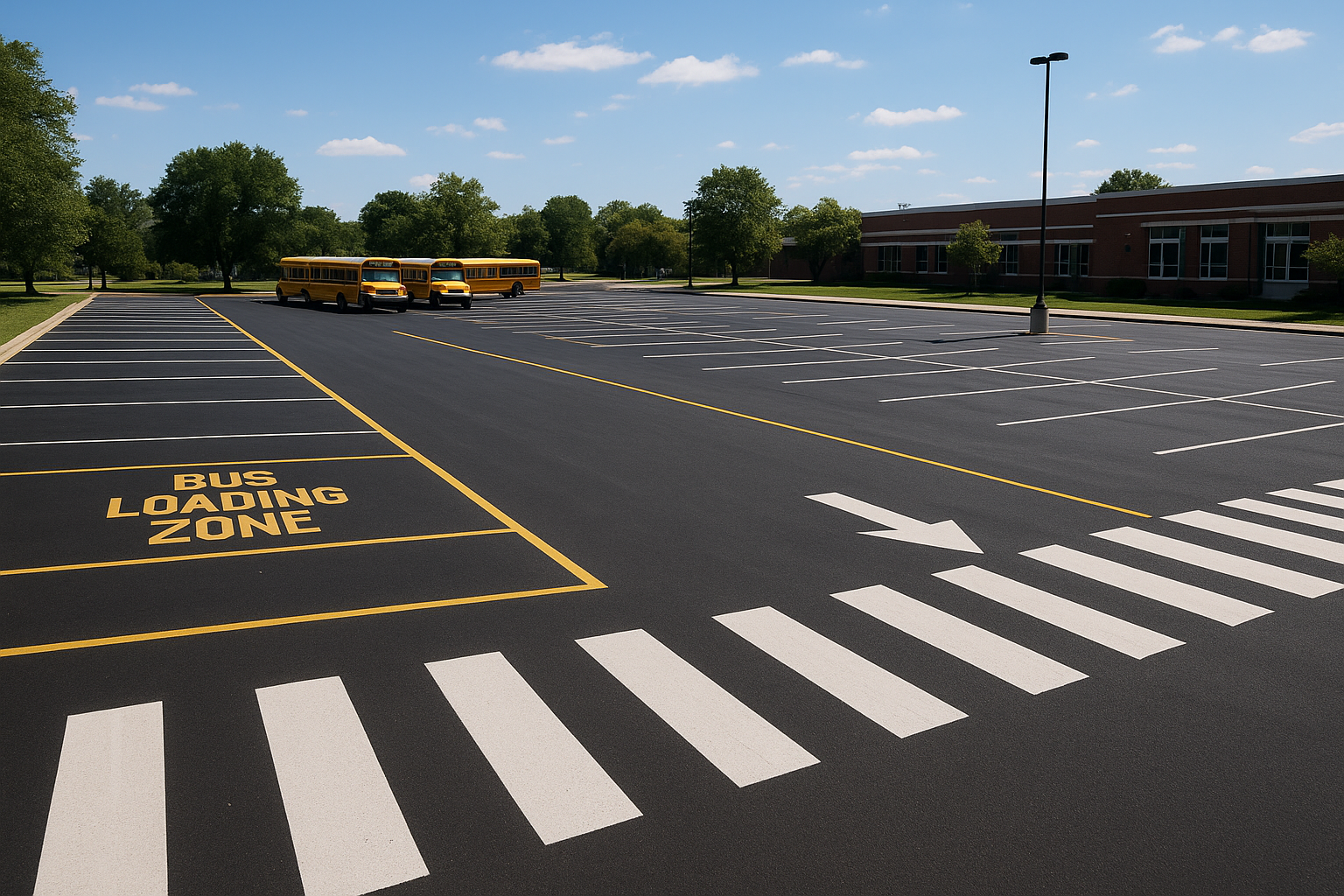 Organized school parking lot with crosswalk and bus zone striping in Denton TX