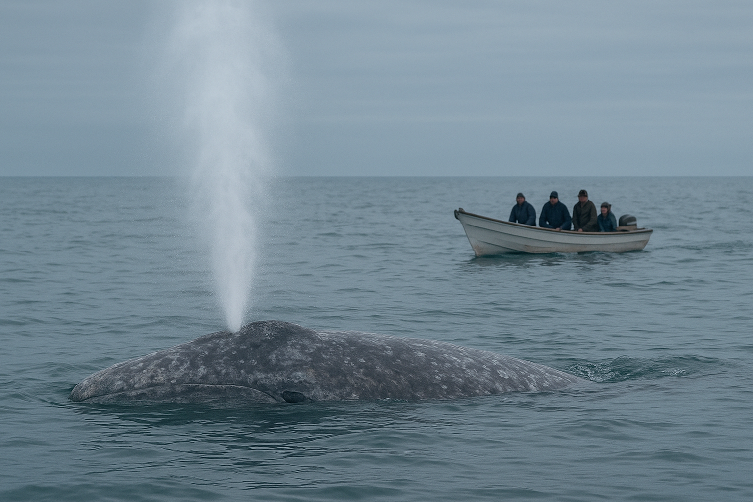 Gray whale surfacing near a small tour boat off the San Diego coastline