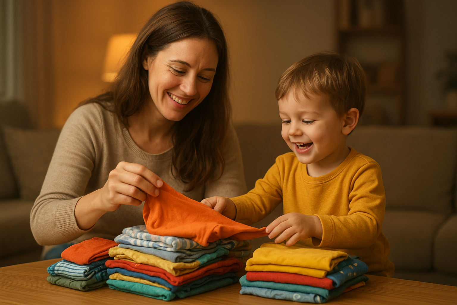 Mother and child sorting through a children's apparel rental clothing selection at home