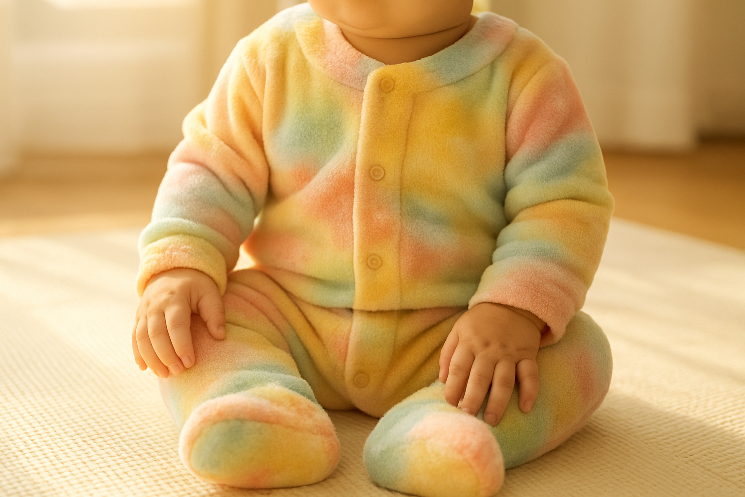 Happy baby wearing a fresh outfit from a baby clothing rental bundle on a play mat