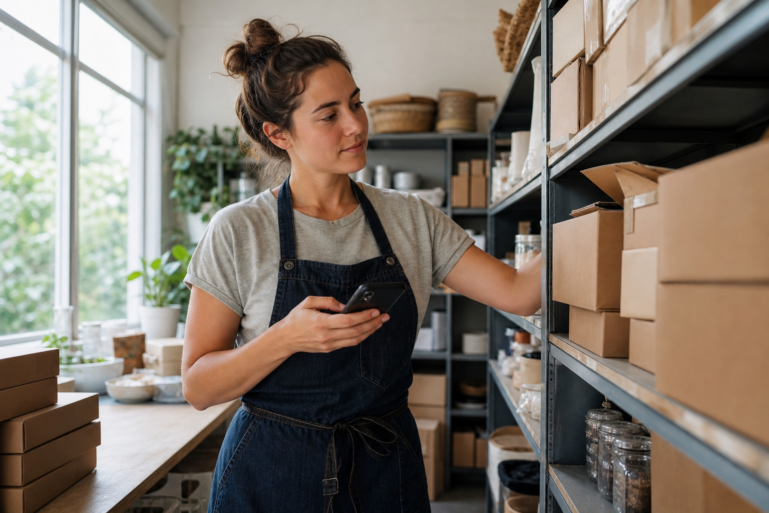 Small business owner checking stock using an AI inventory management app on a smartphone