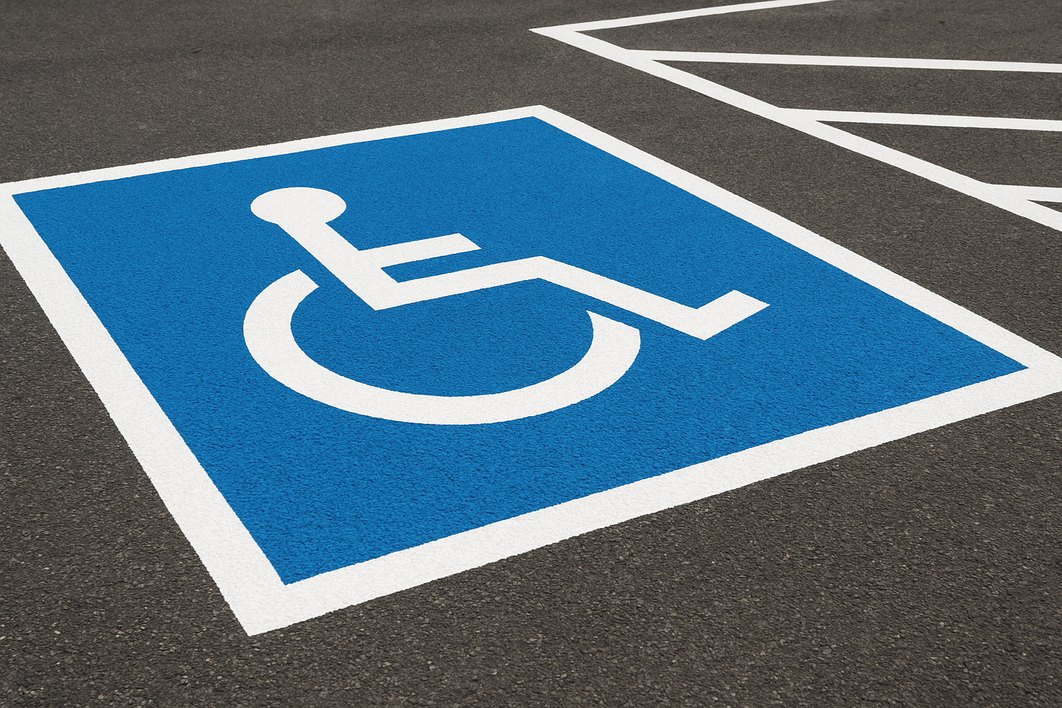 ADA compliant handicap parking space markings painted in blue and white in a commercial lot
