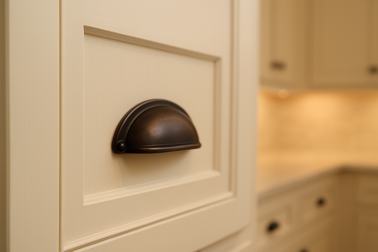 Shaker style cabinet door in creamy white with oil-rubbed bronze cup pull hardware for a timeless kitchen design