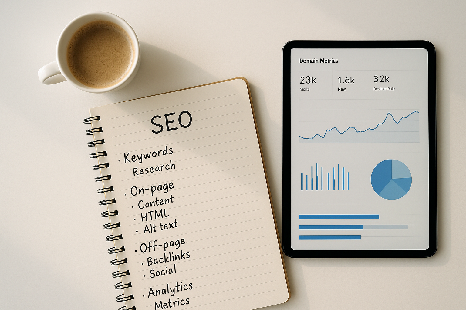 SEO analyst reviewing domain authority metrics and notes for a strategy session