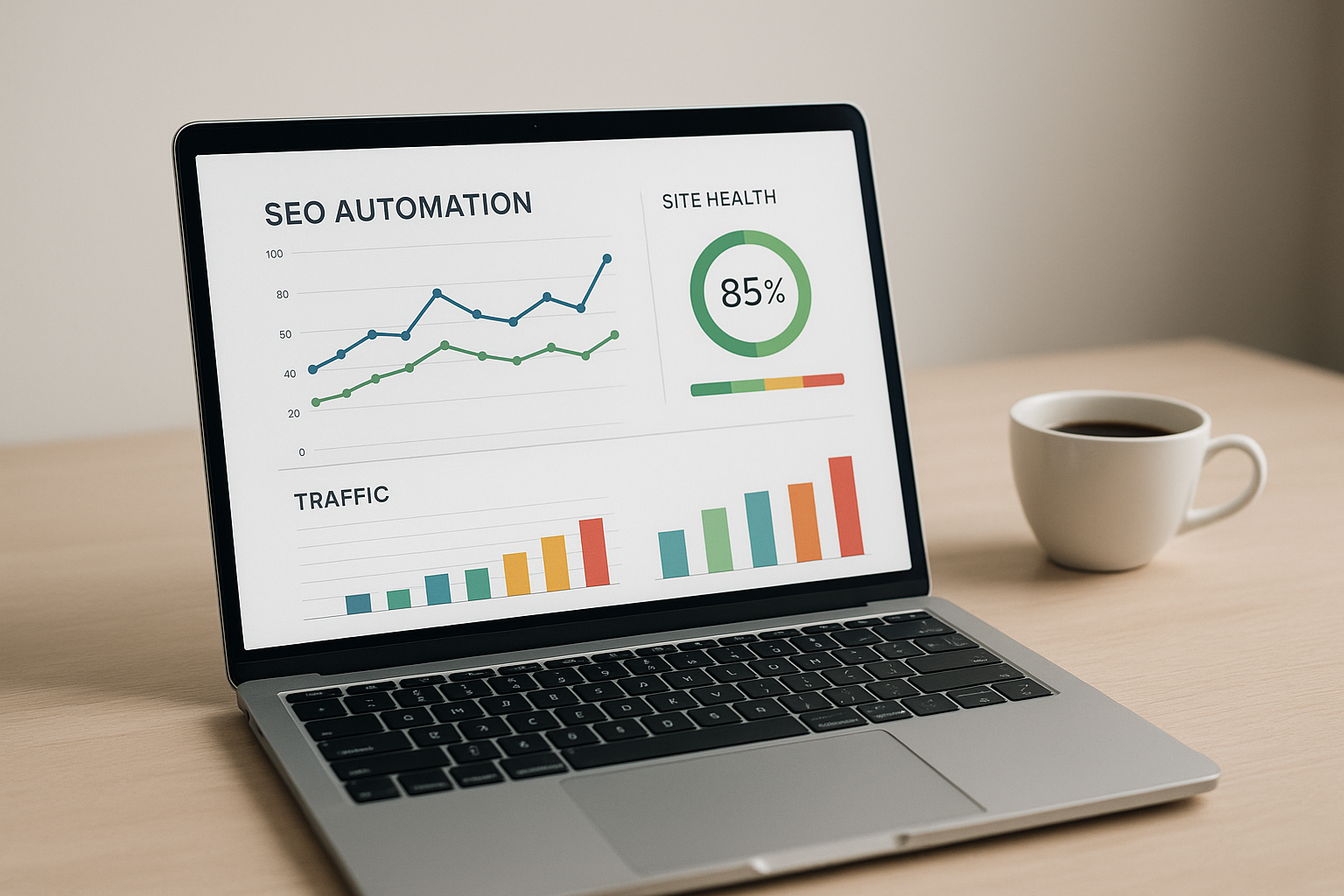 Laptop screen showing an SEO automation platform for startups with performance charts