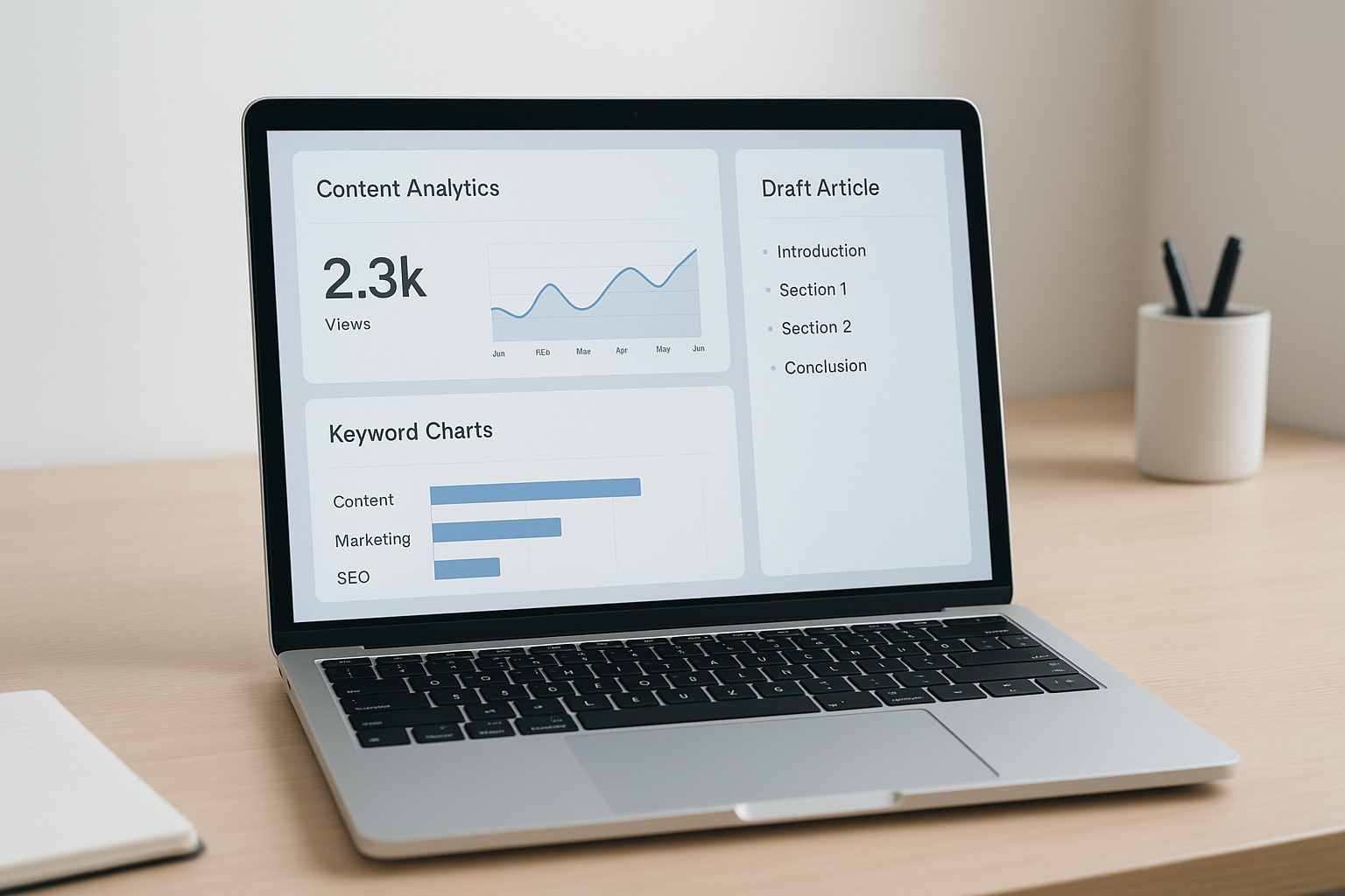 SEO content generator dashboard displaying keyword analysis and article draft