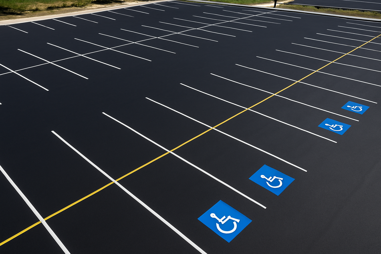 Aerial view of a commercial parking lot with fresh blacktop striping services applied including white stall lines and ADA markings