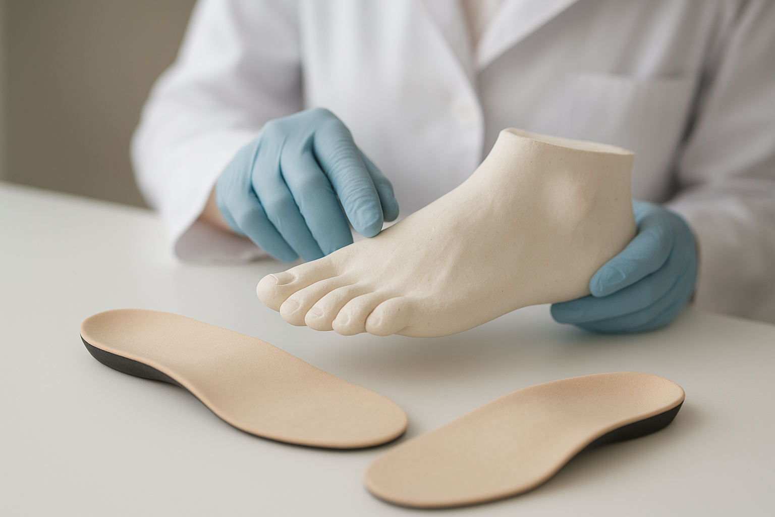 Podiatrist inspecting a custom foot mold used to craft high-performance custom orthotics