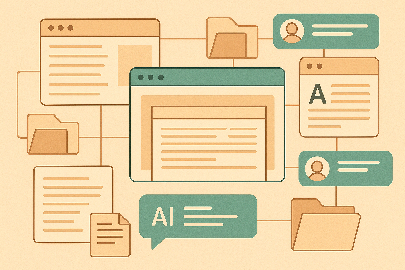 Illustration of Perplexity Spaces team collaboration workspace with shared documents and AI search threads
