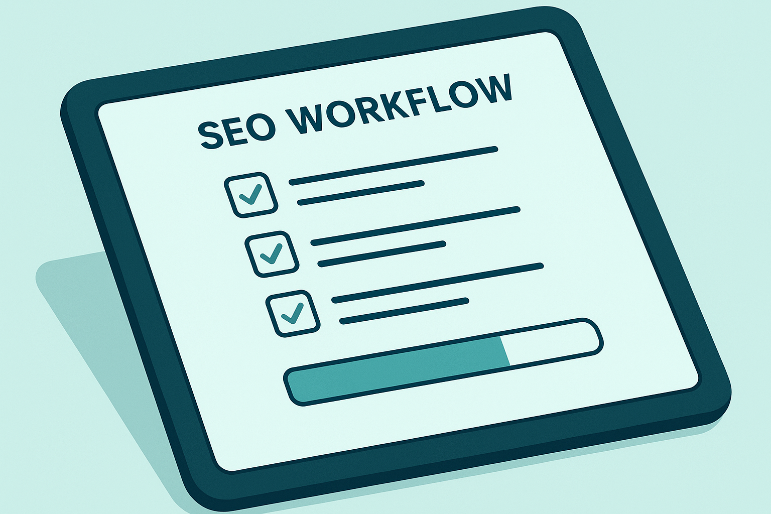 Tablet screen showing an automated AI SEO workflow checklist for a small business website