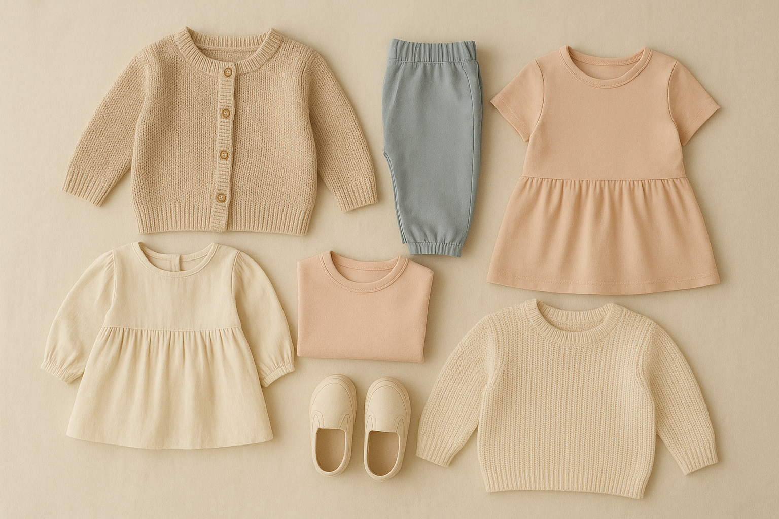 Flat lay of premium children's outfits available through a kids clothing rental subscription