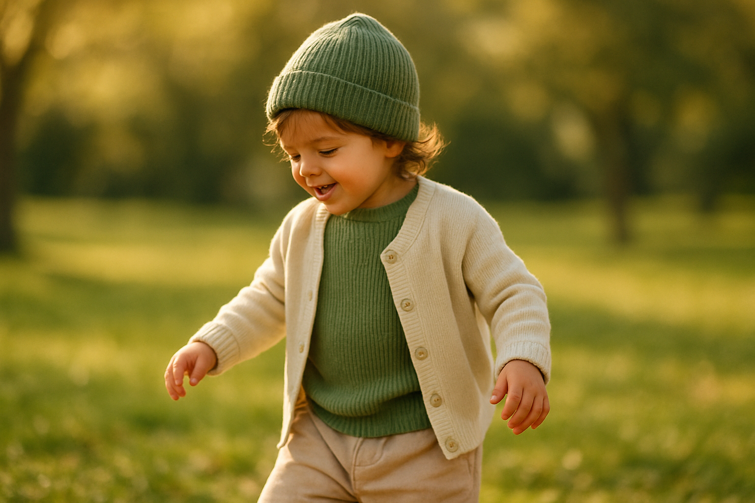 Young child playing outdoors in a curated kids clothing rental outfit in sage green