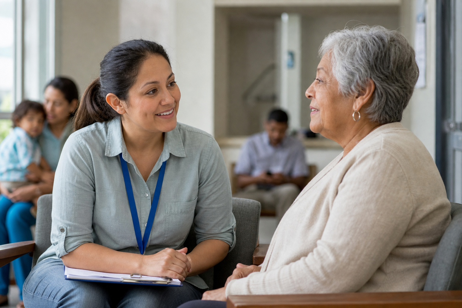 Community health worker listening to a patient as part of an AI assimilation conversation