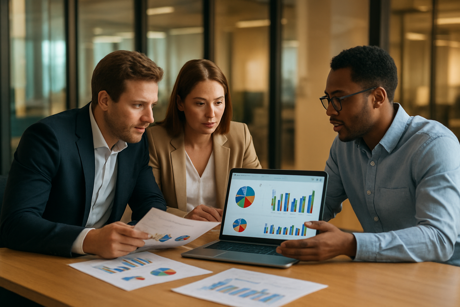 Agency team reviewing printed AI search performance reports and analytics charts in a modern conference room