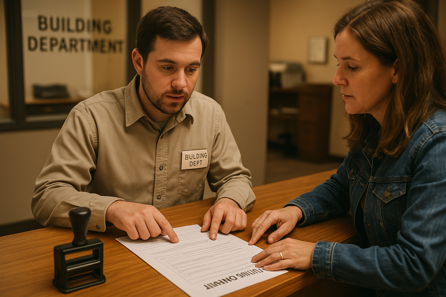 City building department staff reviewing an attached ADU permit application checklist