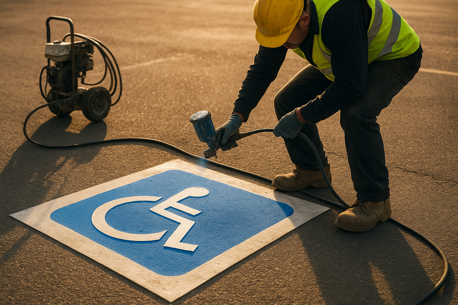 Worker applying blue ADA accessibility symbol paint in a commercial parking lot