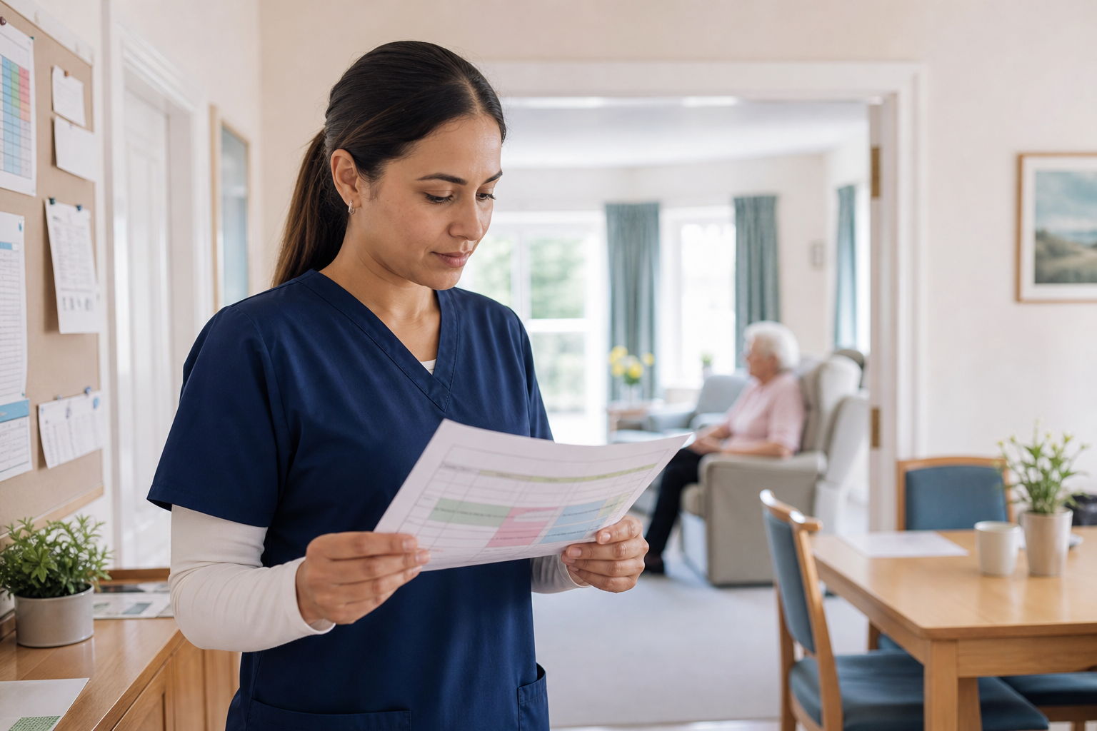 Home care support worker reviewing a shift schedule in a licensed Minnesota care setting