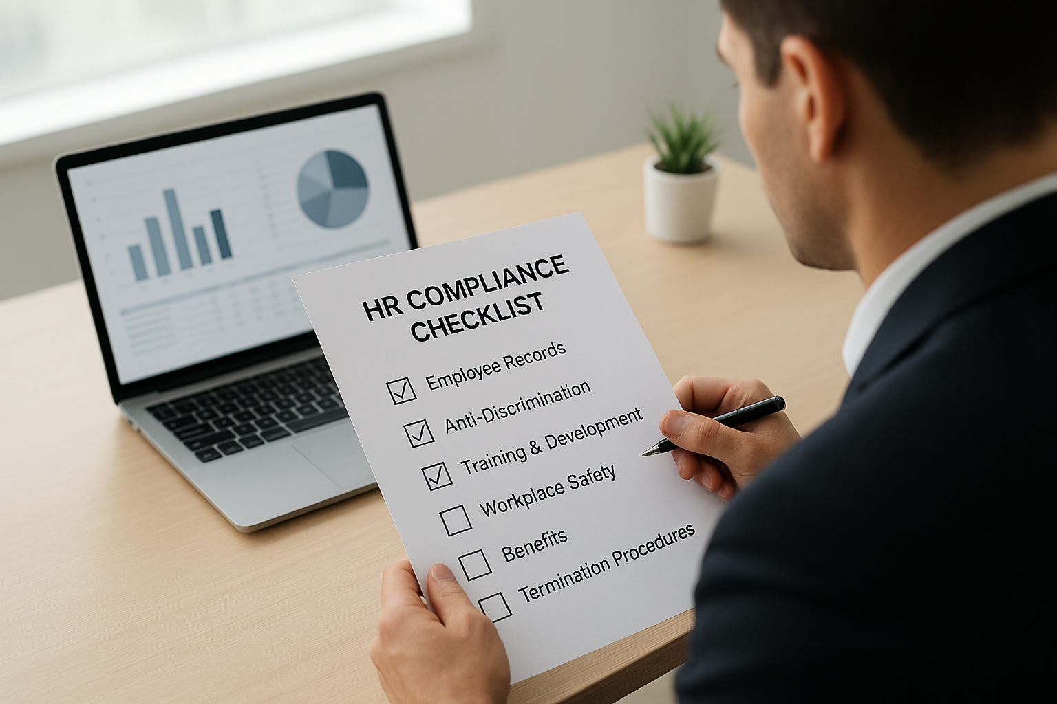Business owner reviewing an HR compliance checklist provided by a human resources provider