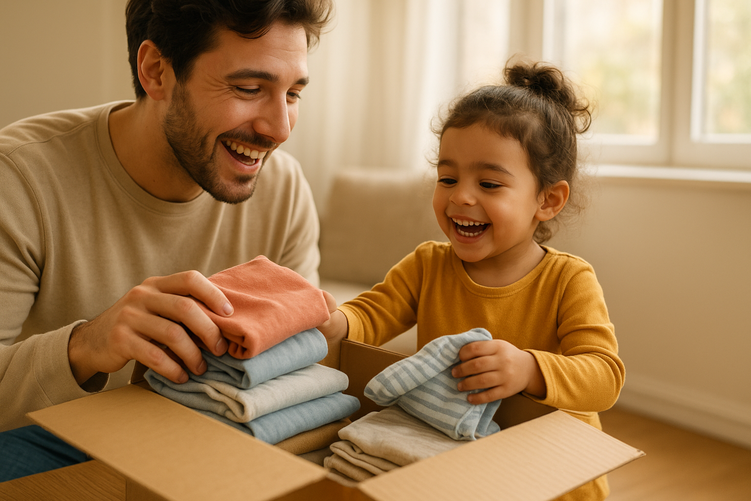 Parent and child unboxing a children's clothing subscription delivery at home