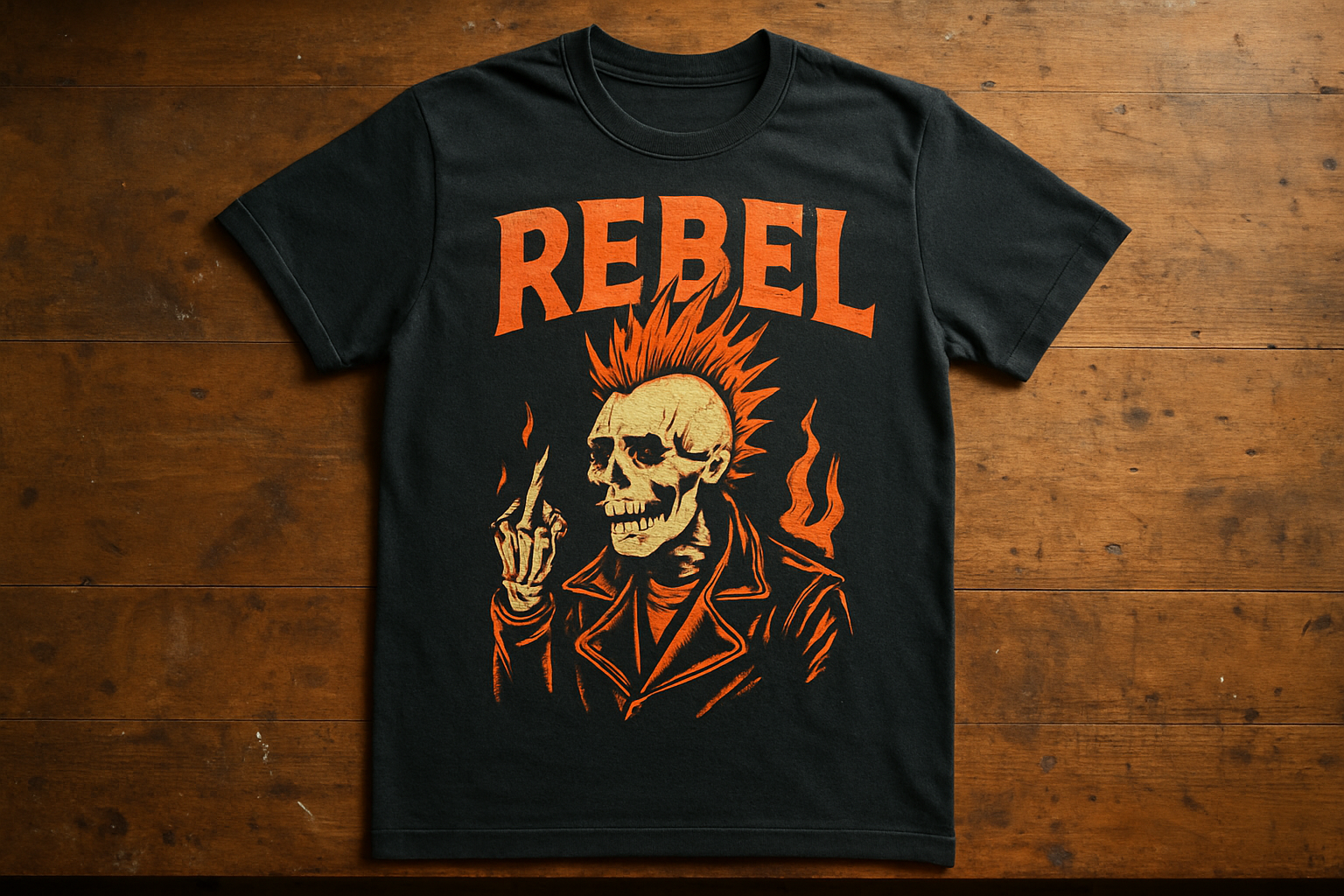 Bold statement shirts with a rebellious vintage graphic laid flat on a workbench