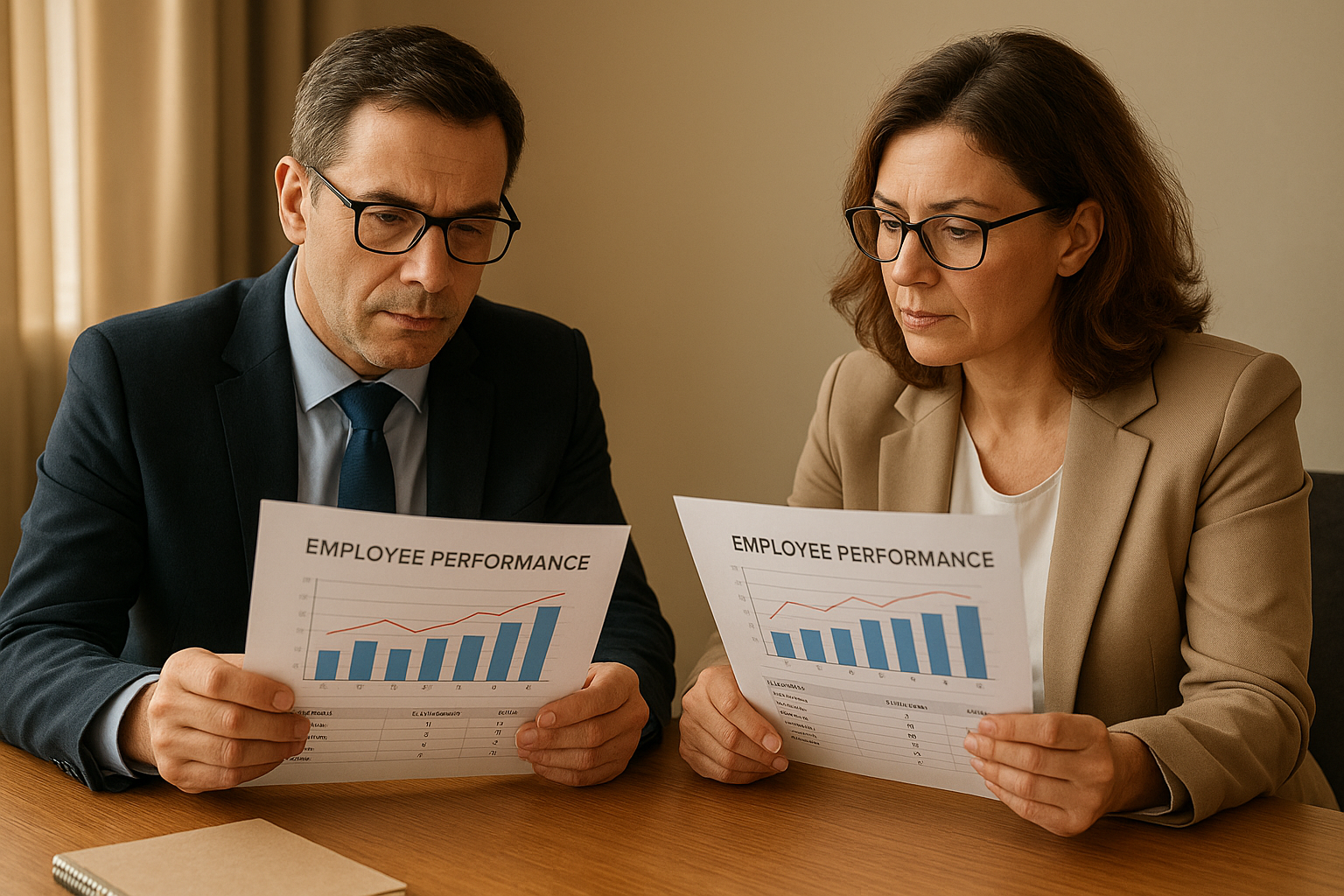 Manager evaluating employee performance data during an HR planning meeting
