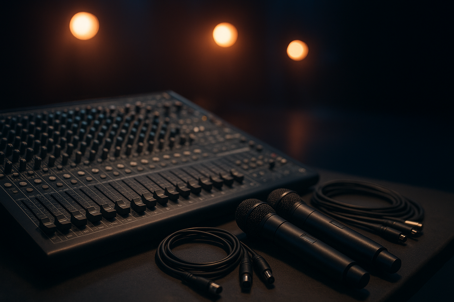Wireless microphones and a sound mixing console prepared during an AV equipment consultation